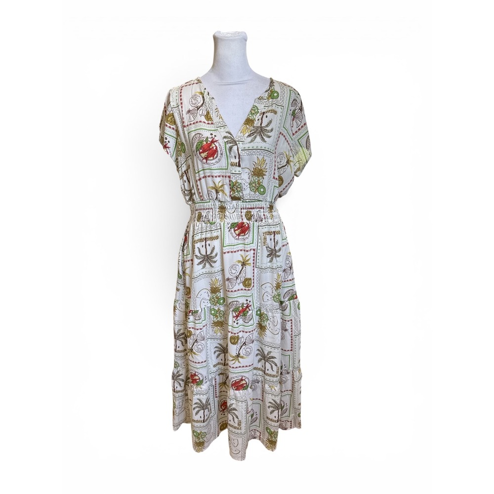 Autres Filles Tropical Postcard Print Midi Dress Palm Tree Lobster Size M - Picture 2 of 7